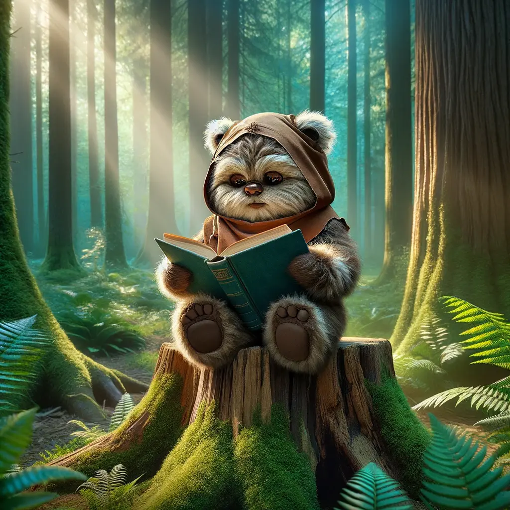 image of a 3D rendering of an EWoK pondering the elements of world knowledge; generated usinghttps://huggingface.co/ehristoforu/dalle-3-xl-v2 